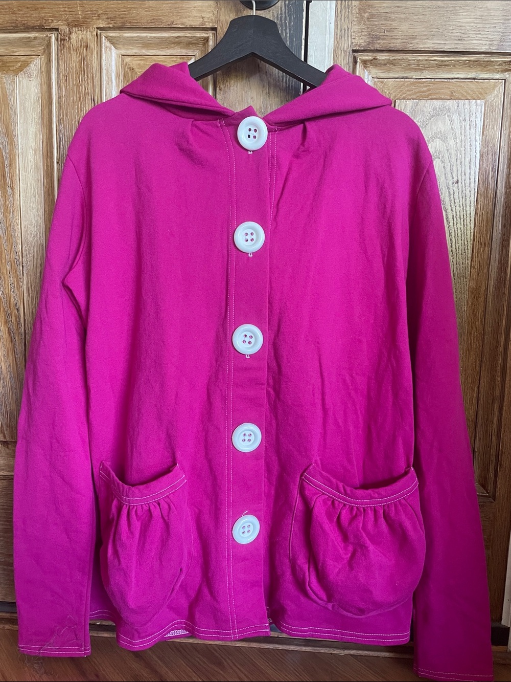 Hooded Custom Made Button-Front Jacket in Bright Pink